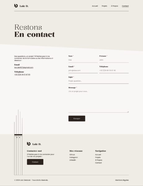 Page "Contact" du portfolio de Loïc Delanoë