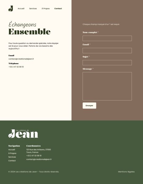 Page contact du site les créations de Jean