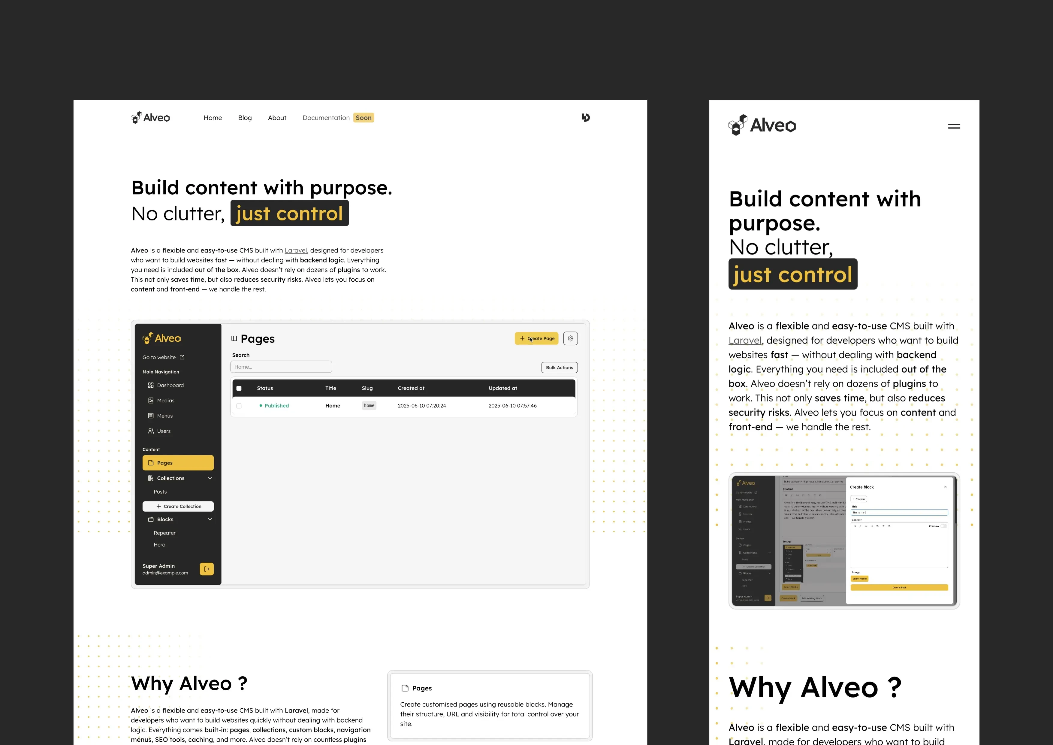 Landing page du CMS Alveo