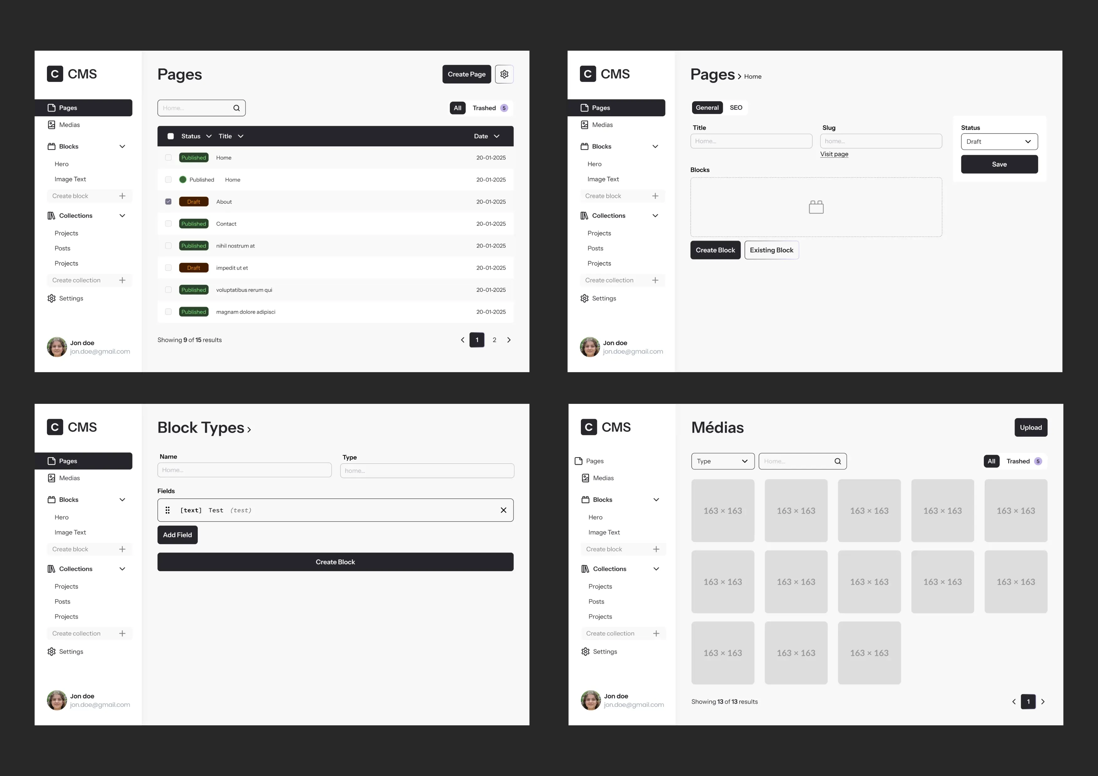 Wireframe du CMS Alveo