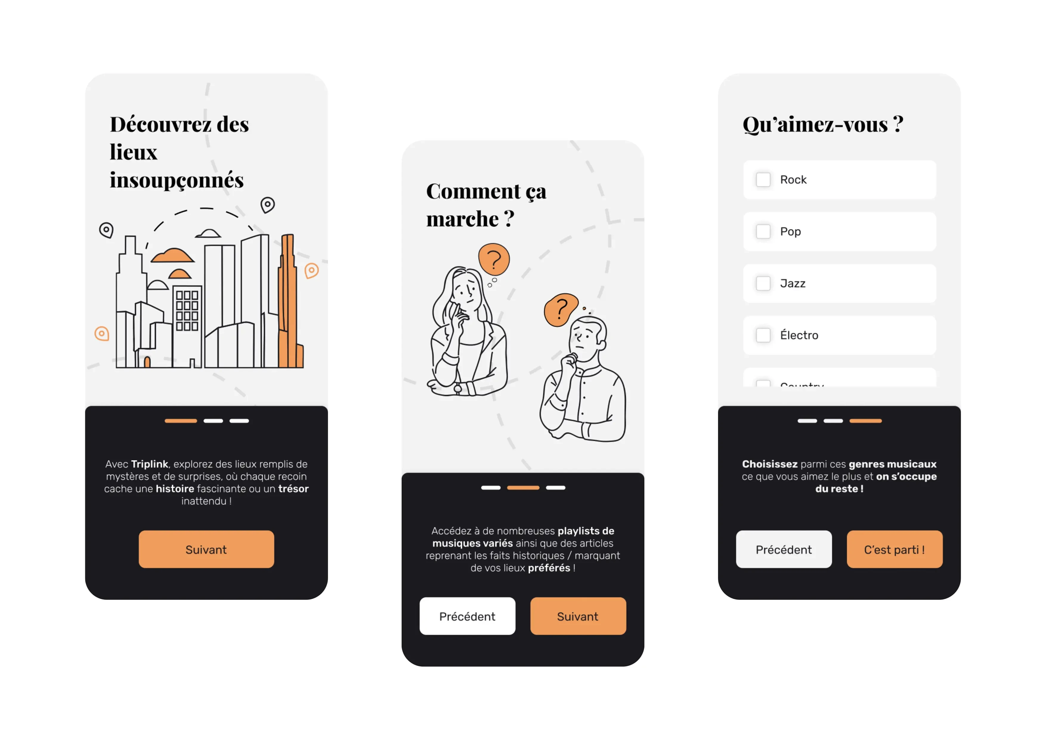 Écrans d'onboarding de Triplink